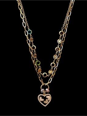 Gold-Plated Stainless Steel Triple-Layer Heart and Birthstone Necklace